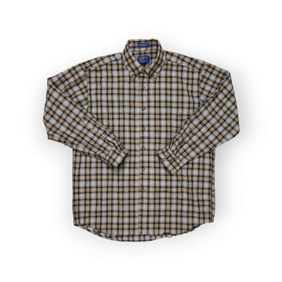 Pendleton‎ Virgin Wool Stewart Camel Tartan Long Sleeve Button Down Shirt Large - Picture 1 of 6